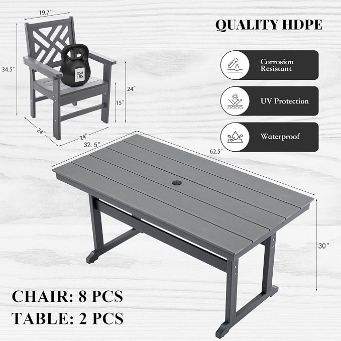 HDPE Outdoor Dining Set, 10-Piece Outdoor Table and Chairs Include 8 Dining - Image 3