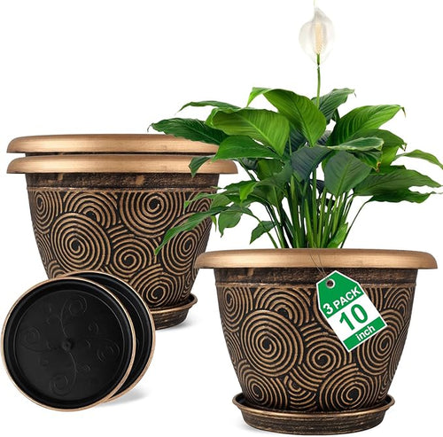 10 Inch Flower Pots Planters for Indoor Outdoor Plants, 3 Pack Plastic Large by Fodetyff