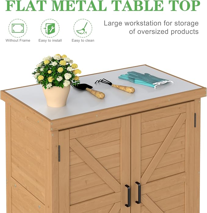 Outdoor Potting Bench with Storage Cabinet and Metal Top, Wood Workstation - Image 3