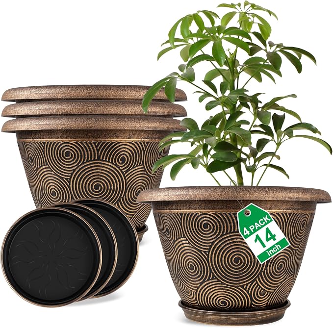 14 Inch Large Planter Pot for Plants Indoor Outdoor, 4 Pack Plastic Flower Pots by Fodetyff