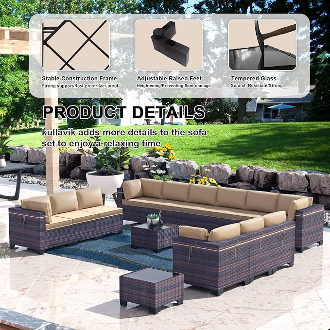 Kullavik 14 Pieces Outdoor Patio Furniture Set, Sectional Rattan Sofa Set Brown - Image 4