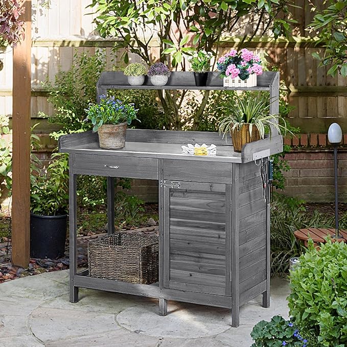 Yaheetech Outdoor Potting Bench Table, Garden Workstation w/Metal - Image 2