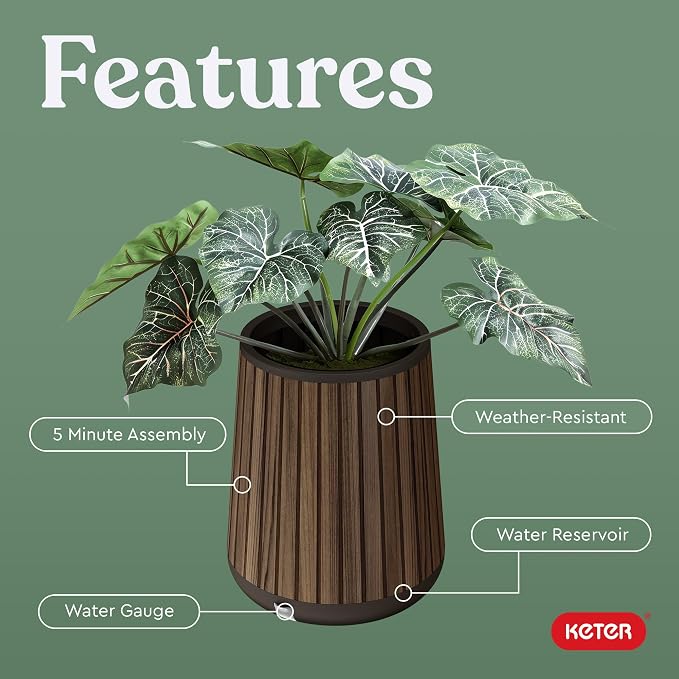 Keter Signature Conic 23.8 Inch Tall Round Large Wood Look Planter - Image 4