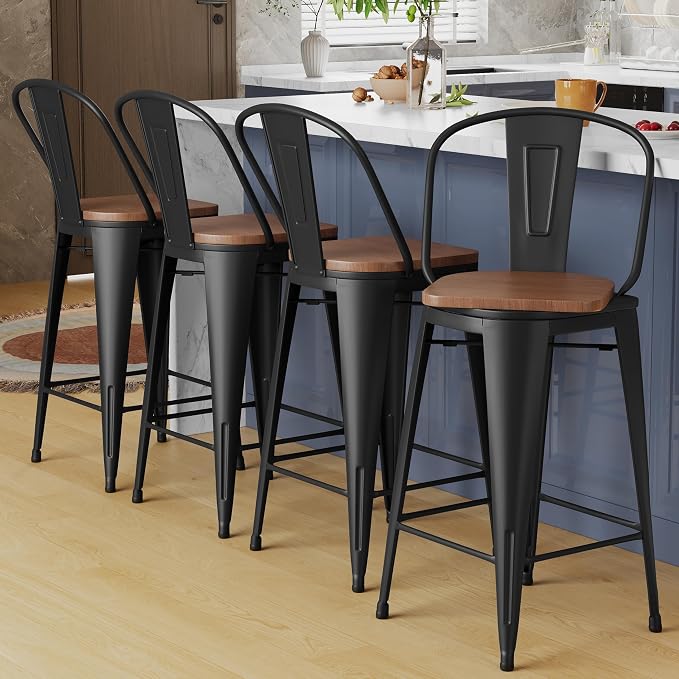 Alunaune 30" Swivel Metal Bar Stools Set of 4 High Back Counter Height by HomeFurniture