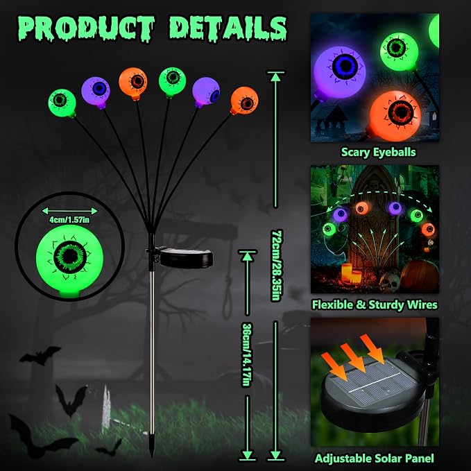 BrizLabs 6 Pack 36 LED Halloween Solar Eyeball Lights, 2 Modes Outdoor - Image 5
