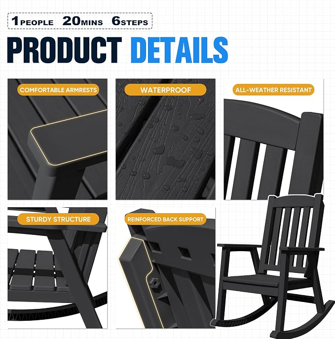 Devoko PP Material Rocking Chair Outdoor Indoor All Weather High Back Patio - Image 4