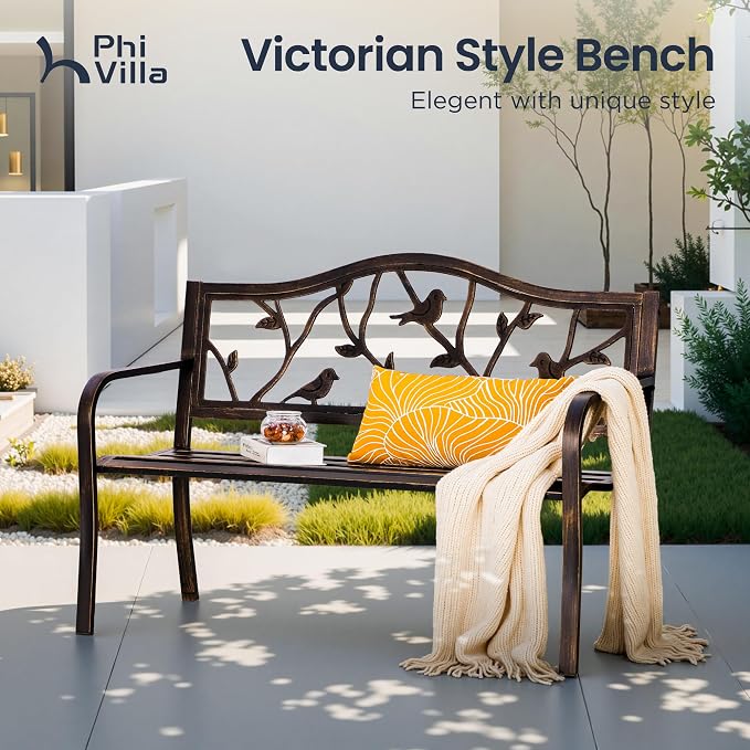 PHI VILLA Outdoor Garden Park Bench Patio 50" Metal Bench, Steel Frame Bench - Image 3