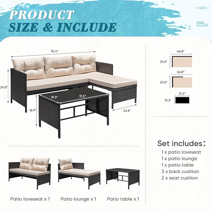 Greesum 3 Piece Patio Furniture Set Outdoor Wicker Rattan Sectional Sofa - Image 4