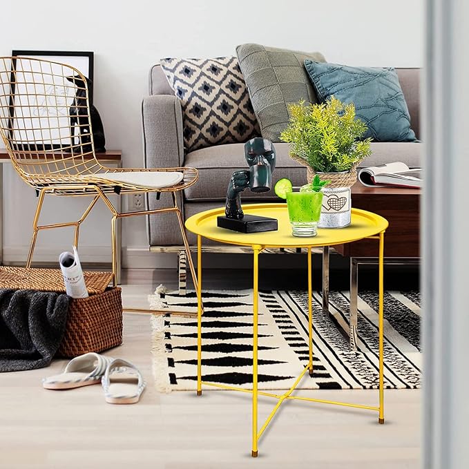 Garden 4 you End Table 2 PCS Metal Side Table Yellow Round Folding Tray Cyan - Image 10