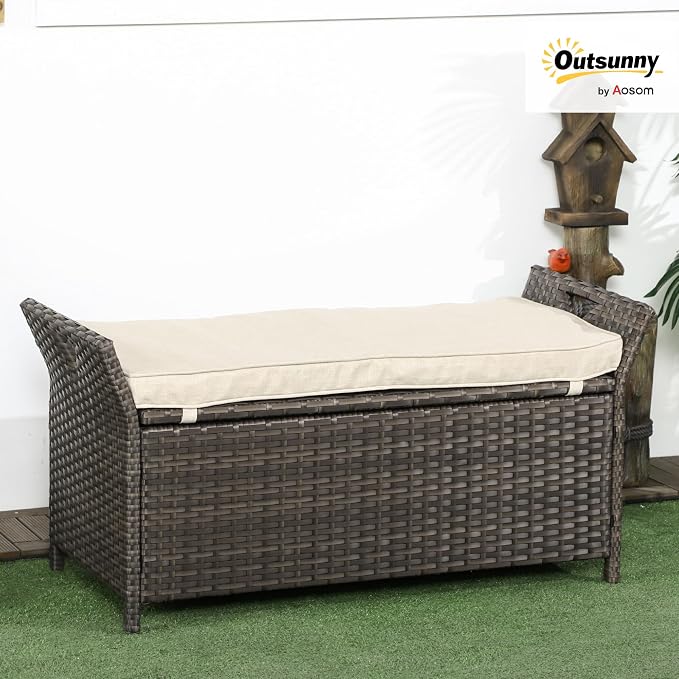 Outsunny 29 Gallon Patio Wicker Storage Bench, Outdoor PE Rattan Patio Furniture - Image 2