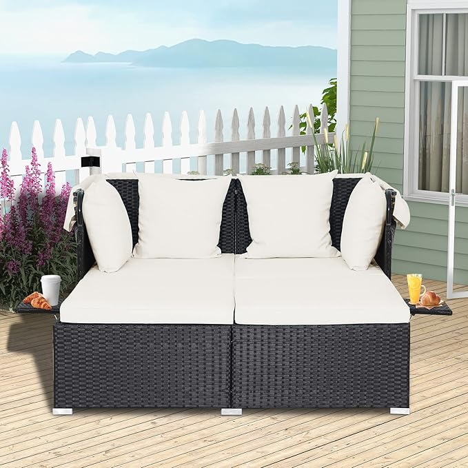 Moccha Outdoor Daybed with Retractable Canopy, Wicker Cabana with 2 Side Tables - Image 3