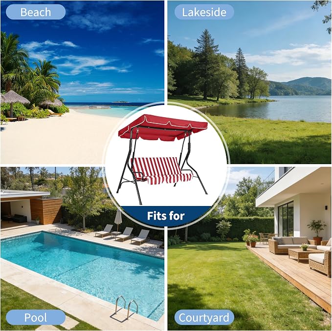 Outdoor Porch Swing Chair with Adjustable Canopy & Striped Seat Cushion - Image 7