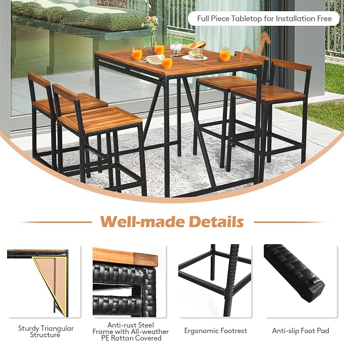 Tangkula 5-Piece Outdoor Acacia Wood Bar Table Set, Bar Height Outdoor and - Image 7