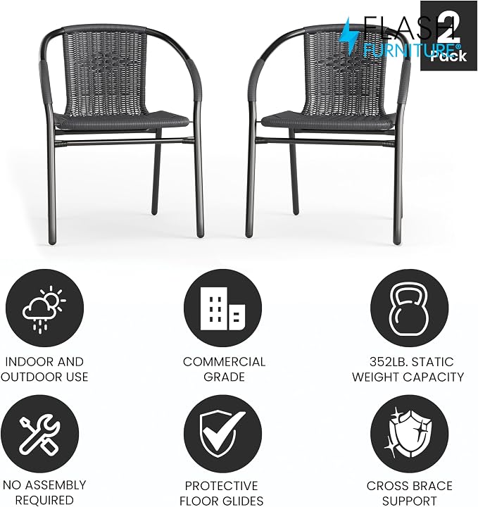 Flash Furniture Lila 2 Pack Gray Rattan Indoor-Outdoor Restaurant Stack Chair - Image 4