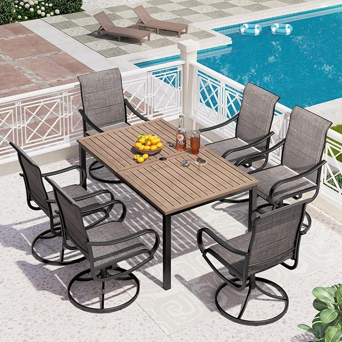 PHI VILLA Patio Dining Set for 6, Padded Textilene Swivel Dining Chairs & Brown by PHIVILLAThepioneerofcomfortablehouseholdsupplies