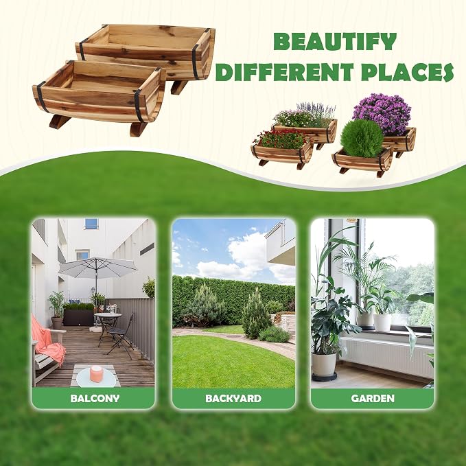 Solid Acacia Wood Half Barrel Planters Outdoor Set of 2 Different Sizes - Image 6