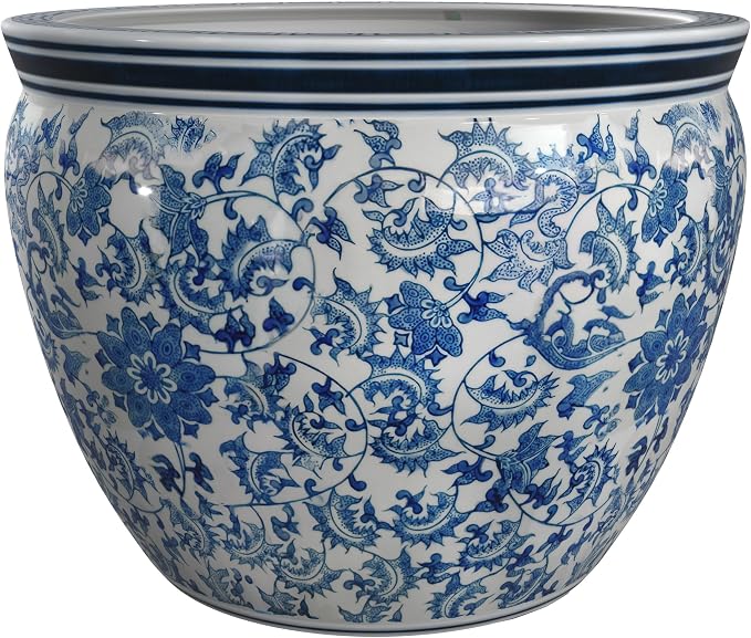 Red Lantern Large 22" Porcelain Fishbowl Blue & White Floral Planter - Image 6