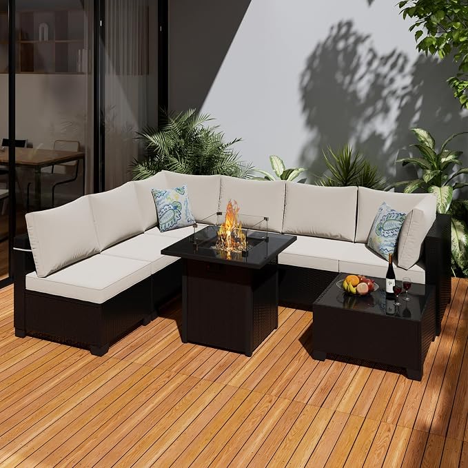 8 Pcs Patio Furniture Set with Fire Pit Table Wicker Outdoor Sectional Sofa - Image 8