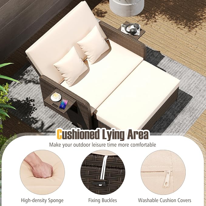 LDAILY Moccha Outdoor Daybed, Wicker Loveseat Sofa Set - Image 3