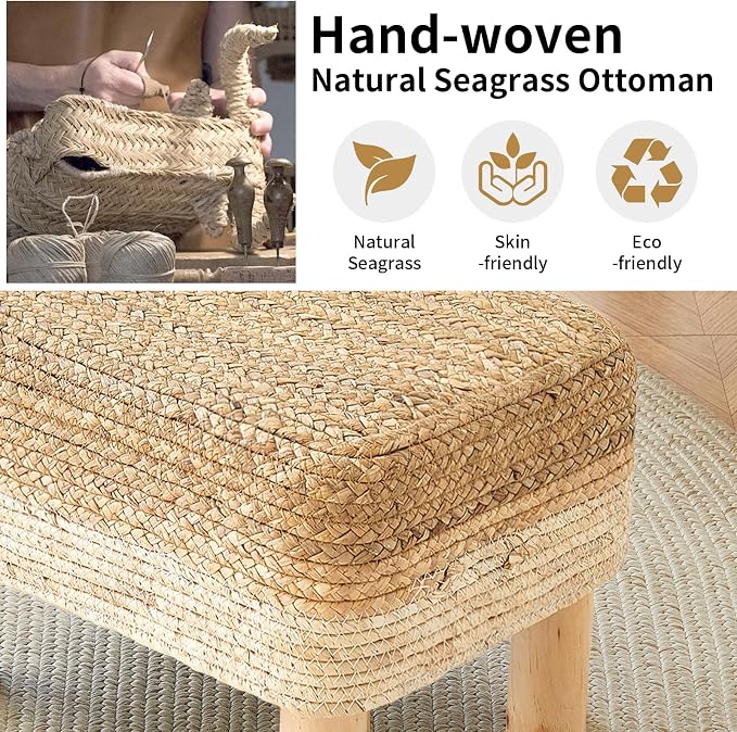 Ottoman Foot Stool Rectangular Footrest Natural Seagrass Footstool - Image 7