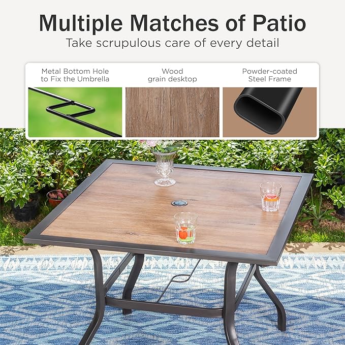 PHI VILLA 5 Piece Outdoor Dining Set, PVC Wooden-Like Square Table - Image 2