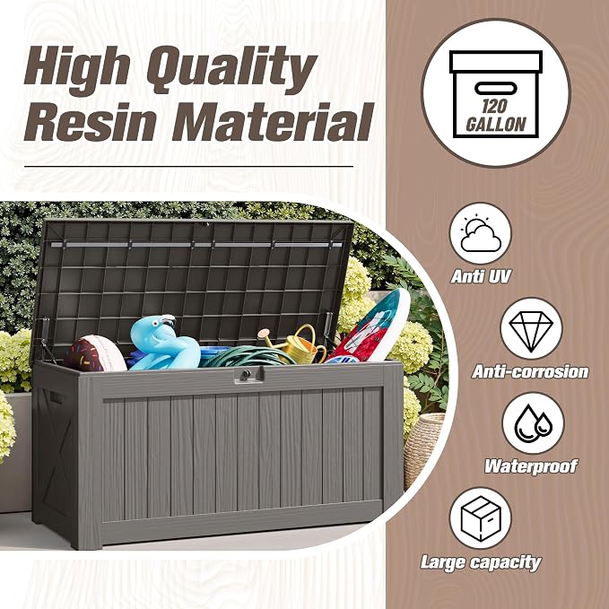 JUMMICO 120 Gallon Resin Deck Box, Large Outdoor Storage Box Waterproof & - Image 3
