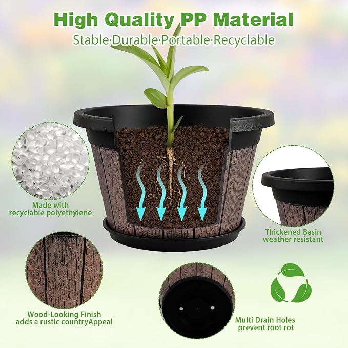 Quarut 4 Pack 8 inch Plant Pot, Upgrade Whiskey Barrel Planters - Image 3