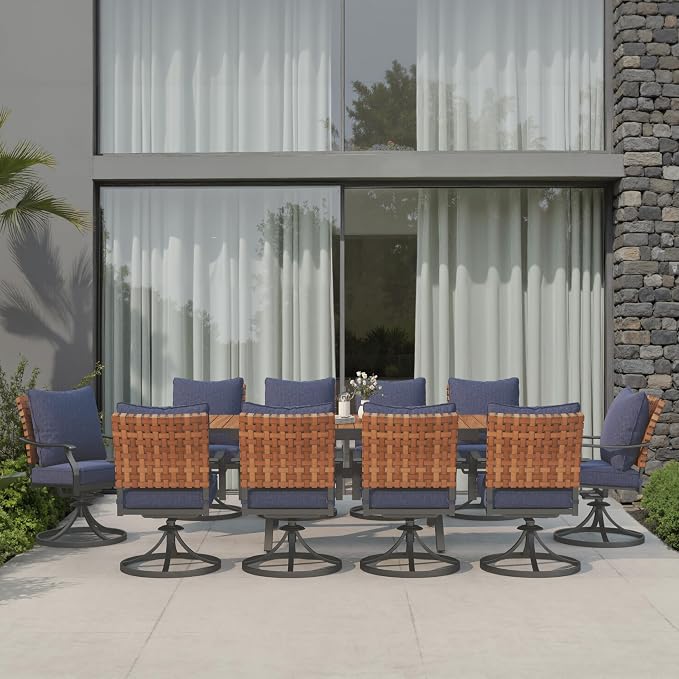 Grand patio 11-Piece Outdoor Dining Set, 10 Leather-Look Wicker Blue Swivel - Image 2