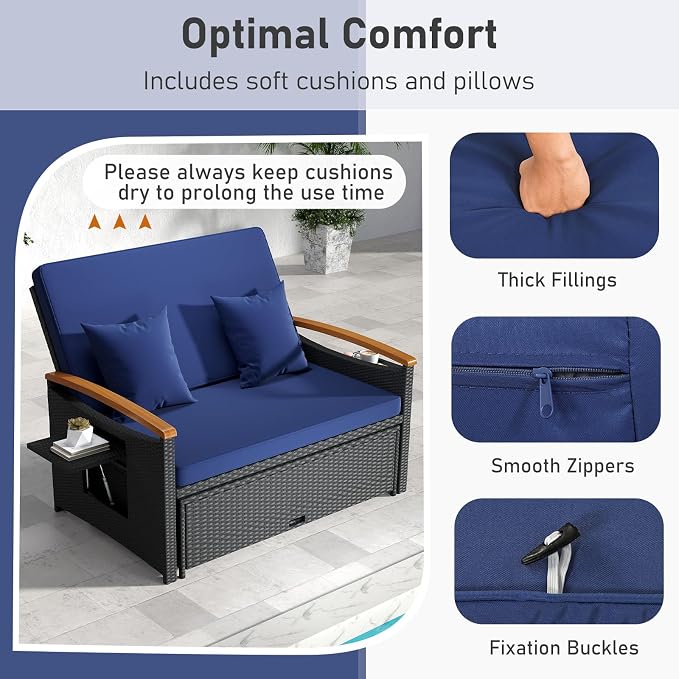 Moccha Outdoor Wicker Daybed, Patio Rattan Loveseat Sofa w/ 4-Level Adjustable - Image 3
