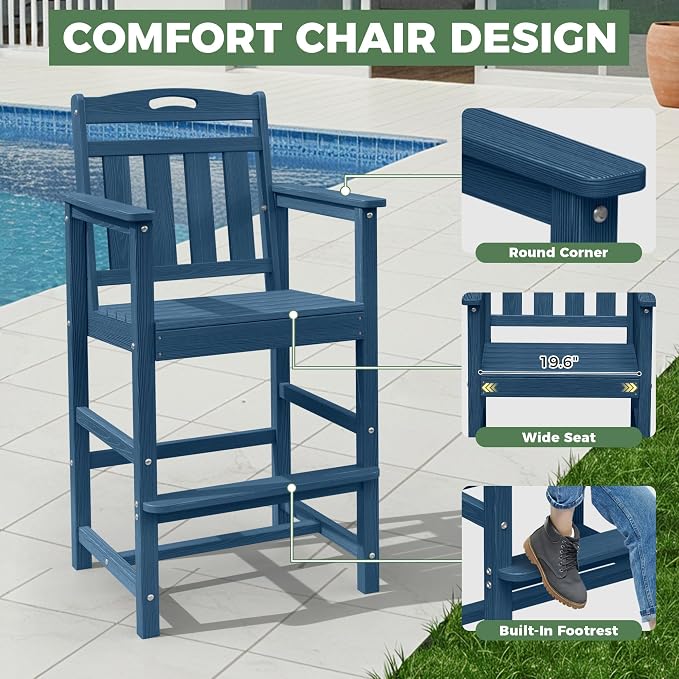 Outdoor Patio Tall Adirondack Bar Chairs Set of 2, All-Weather HDPE Bar Height - Image 3