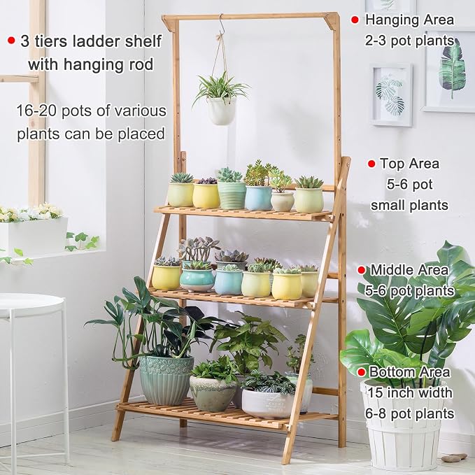 COPREE Bamboo 3-Tier Hanging Plant Stand Planter Shelves Flower Pot Organizer - Image 2