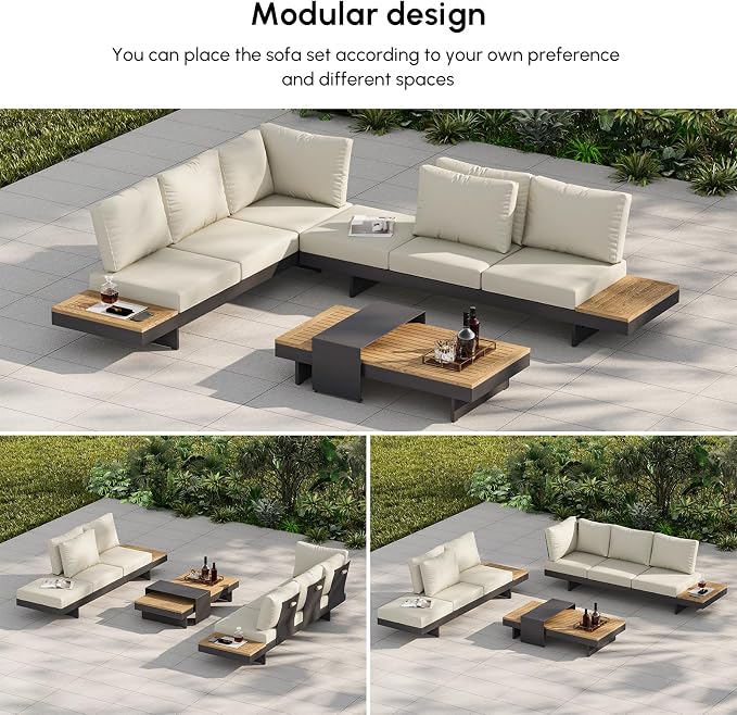 homary 6 Piece Aluminum & Teak Outdoor Sofa Set, Patio Sofa Seat L-Shaped - Image 2