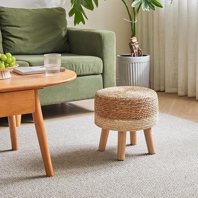 YMYNY Foot Stool Natural Seagrass Hand Weave, 12.6" Small Ottoman, Round - Image 4