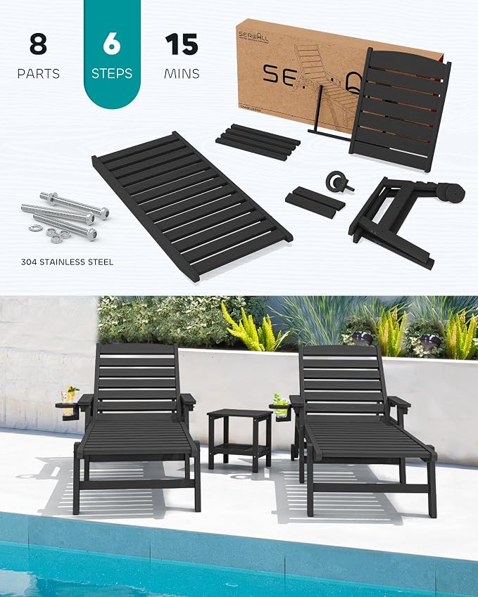 SERWALL Patio Chaise Lounge Chair Set of 4, 5 Positions Adjustable Poly Outdoor - Image 5