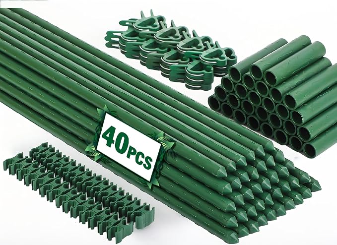 Garden Stakes 40 Pack, 16 Inch Plastic Coated Metal Tomato Stakes, DIY 4ft 5ft by Tegarbed