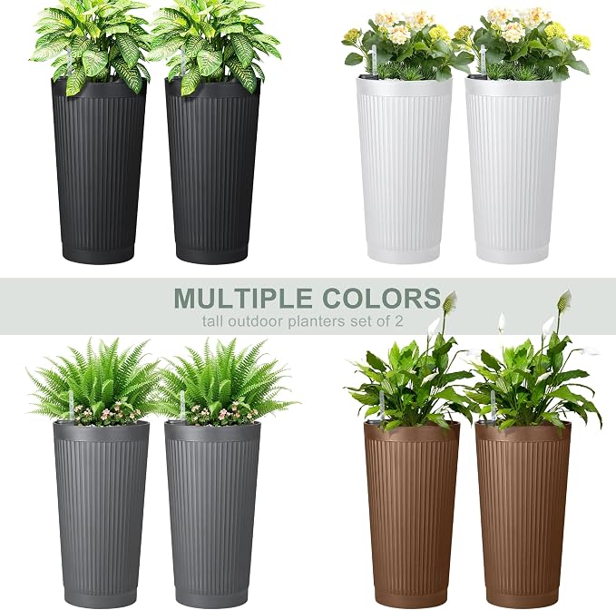 24” Tall Outdoor Planters Set of 2, Self Watering Flower Pots White Planters - Image 8