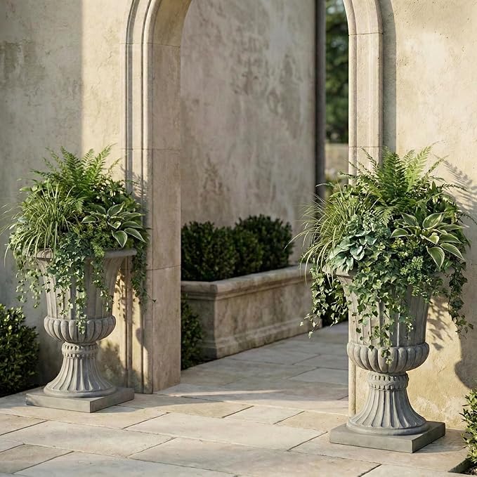 Urn Planters 22", Tall Stone-Resin Pedestal Planters - Image 5