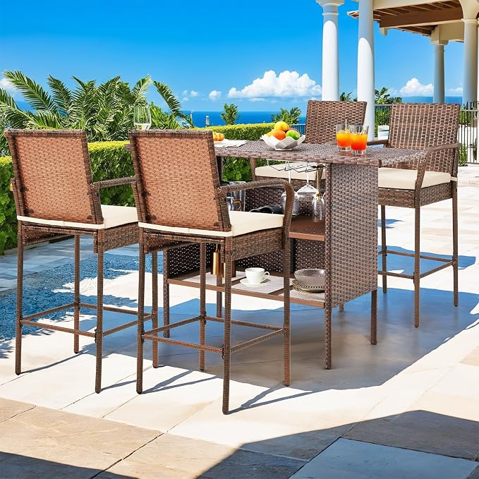 ECOTOUGE Patio Rattan Barstools Set of 4, Outdoor Wicker Bar Height Chairs - Image 6