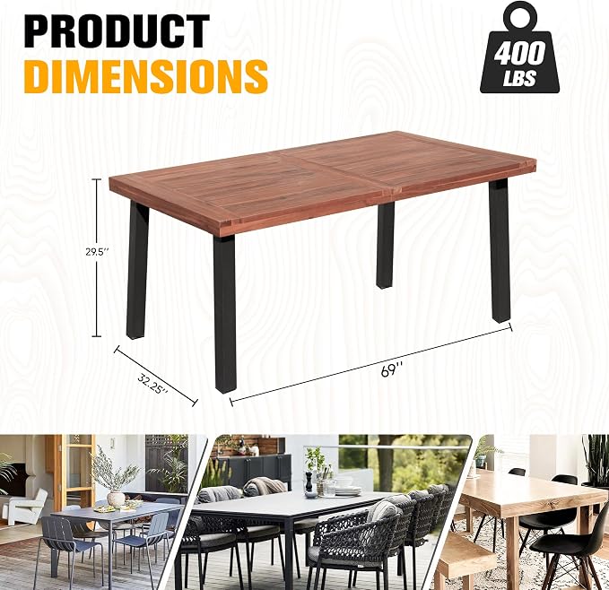 Flamaker Dining Table for 6 FSC Acacia Wood Indoor Outdoor Home Kitchen Table - Image 2