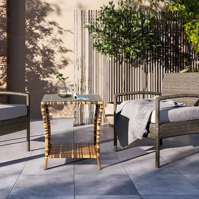 VINGLI Outdoor Wicker Side Table Patio Side Tables - Image 6