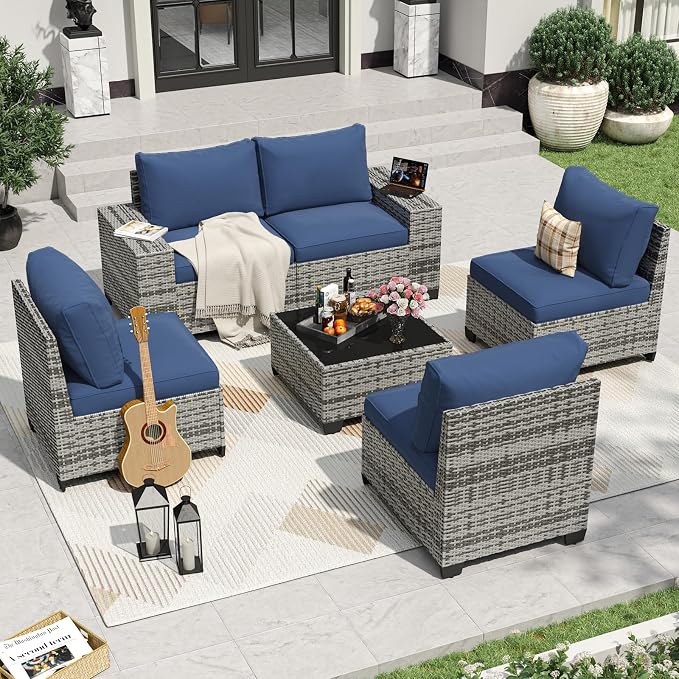 Aoxun 6 Pieces Patio Furniture Set Wicker Rattan Outdoor Sectional Conversation - Image 2