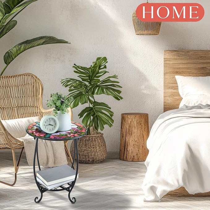 Outdoor Side Table Round Small Mosaic Patio Accent Indoor End Plant Metal - Image 5