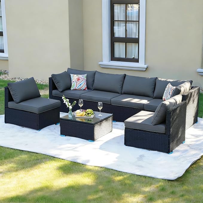 7 Piece Outdoor Patio Furniture Sets, Outdoor Wicker Conversatin Set w Glass by NagaBahna