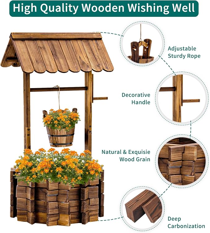 UDPATIO Rustic Solid Fir Wood Wishing Well Planter - Image 2