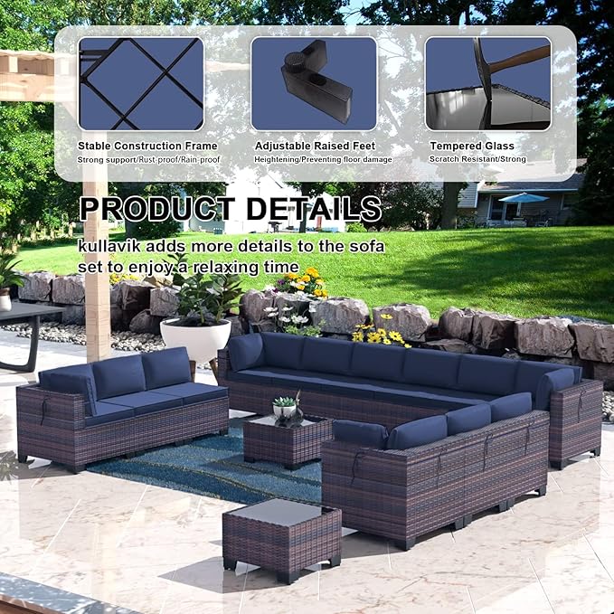 Kullavik 14 Pieces Outdoor Patio Furniture Set PE Wicker Rattan Sectional Sofa - Image 4