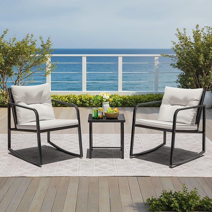 Greesum 3 Pieces Rocking Wicker Bistro Set, Patio Outdoor Furniture - Image 3
