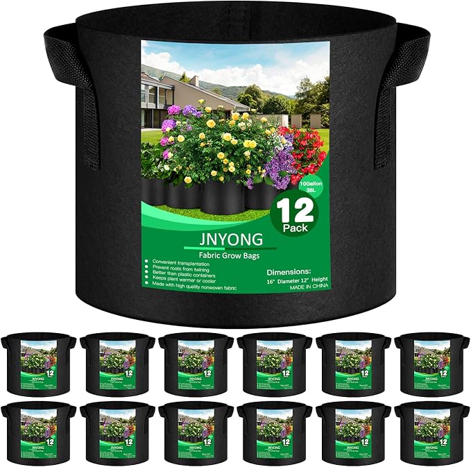 12-Pack 10 Gallon Thickened Non-Woven Grow Bags, Aeration Fabric Pots by JNYONG
