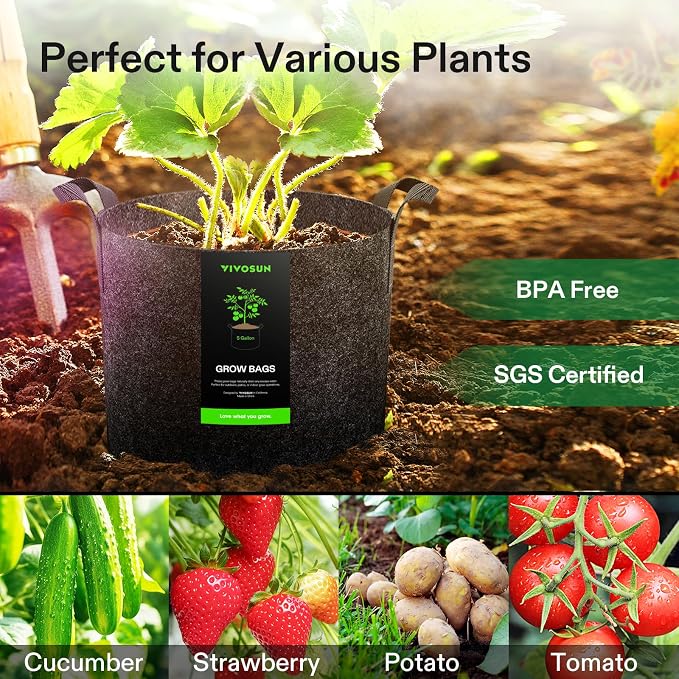 VIVOSUN 5-Pack 5 Gallon Grow Bags Heavy Duty 300G Thickened Nonwoven Plant - Image 7