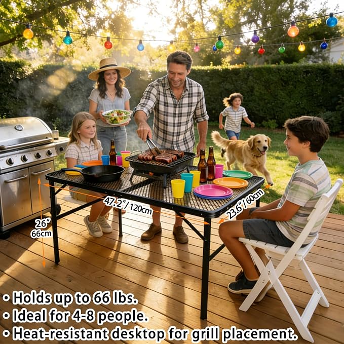 4 ft Folding Table with Metal Mesh Desktop, Grill Table Camping Table with - Image 4
