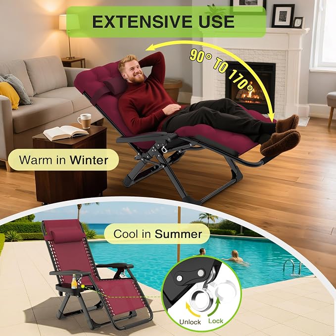 Suteck Zero Gravity Chair, Reclining Camping Lounge Chair w/Removable Cushion - Image 4